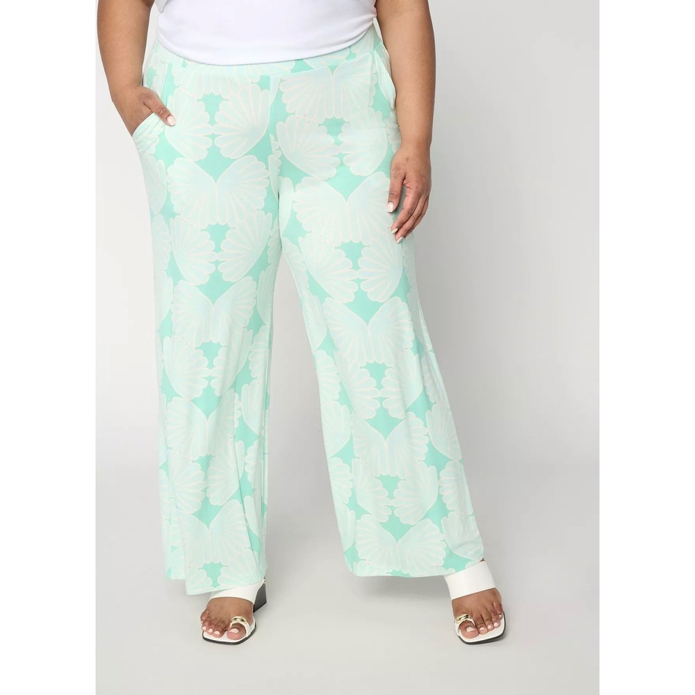Susan Graver Liquid Knit Wide Leg Pants Mint Green Seashell Print